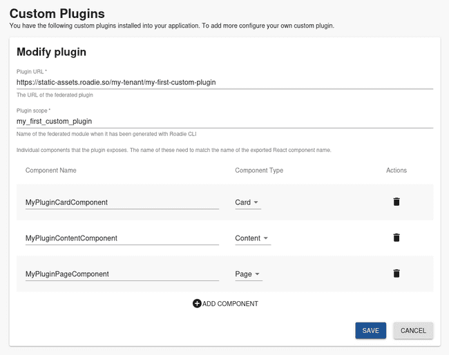 A Form showing Roadie Custom Plugins registration